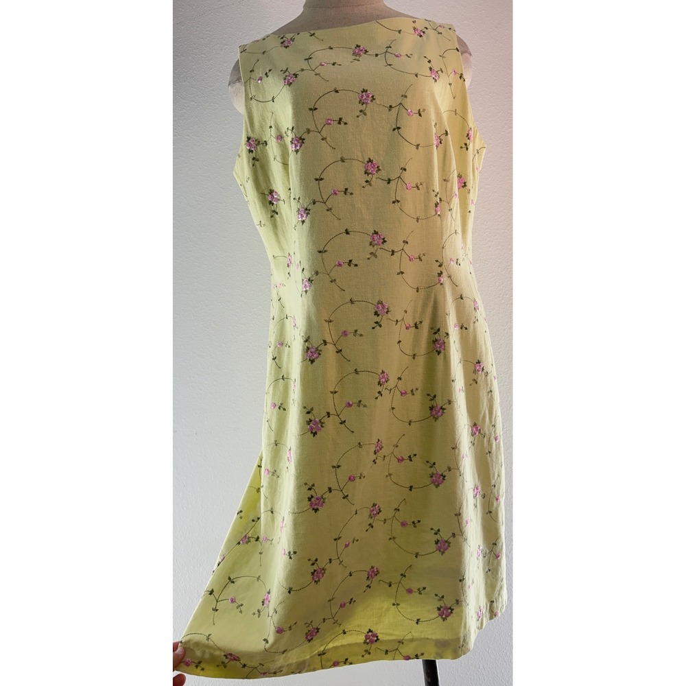 VTG 90s Y2K Dressbarn Floral Embroidered Mini Dress Linen Blend Green Pink 14